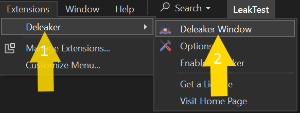 Deleaker menu in Visual Studio