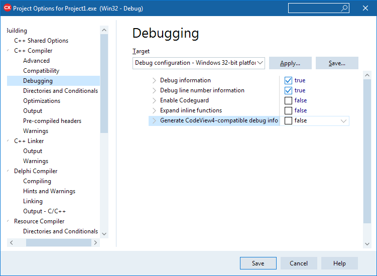 Enable debug information in C++ Builder