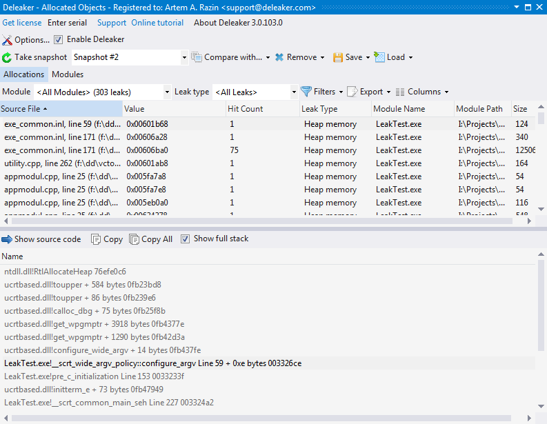 Visual studio memory leak detection with the help of Deleaker