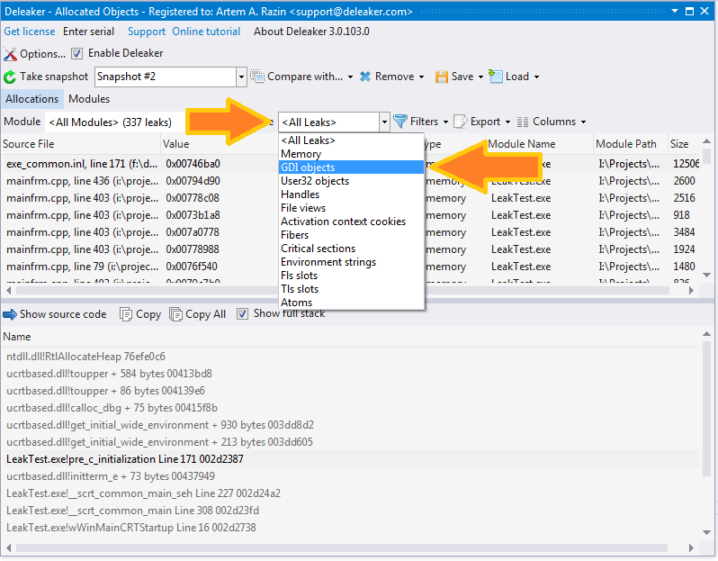 How to filter by leak type - for example with GDI leaks or with memory